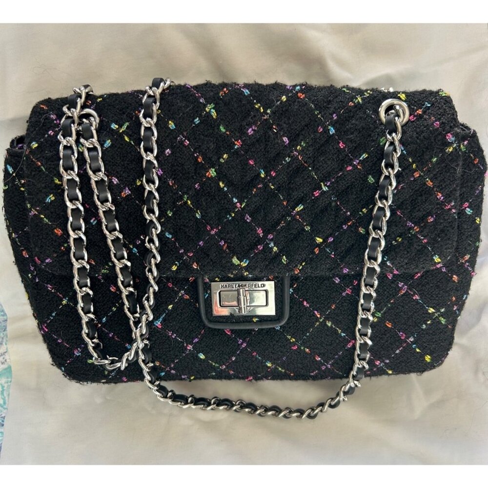 ✨ Karl Lagerfeld Quilted Chain Shoulder Bag Black with Multi-colored accents.
